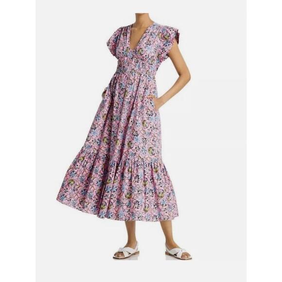 Derek Lam IO Crosby Pink Floral Maxi Dress with V-Neck and Flutter Sleeves - Picture 2 of 14